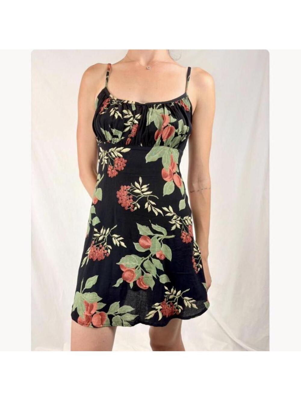 Vintage 90s Black Peach Floral Babydoll Mini Dress XS / S